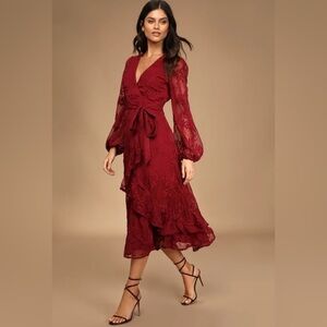 Spectacular Feeling Burgundy Embroidered Faux Wrap Midi Dress